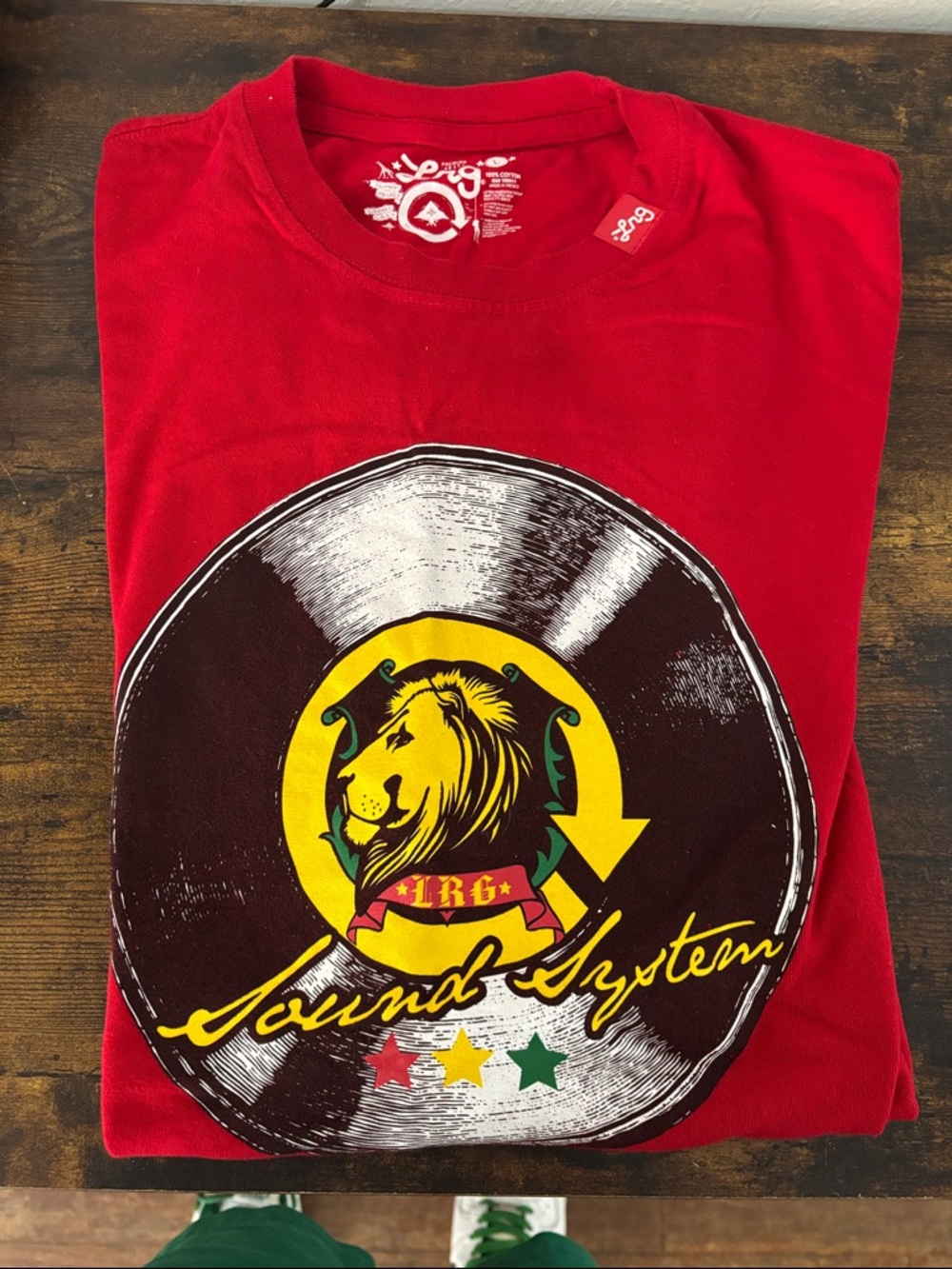 Lrg Red Short Sleeve Tee with Yellow Lion Sound System Graphic